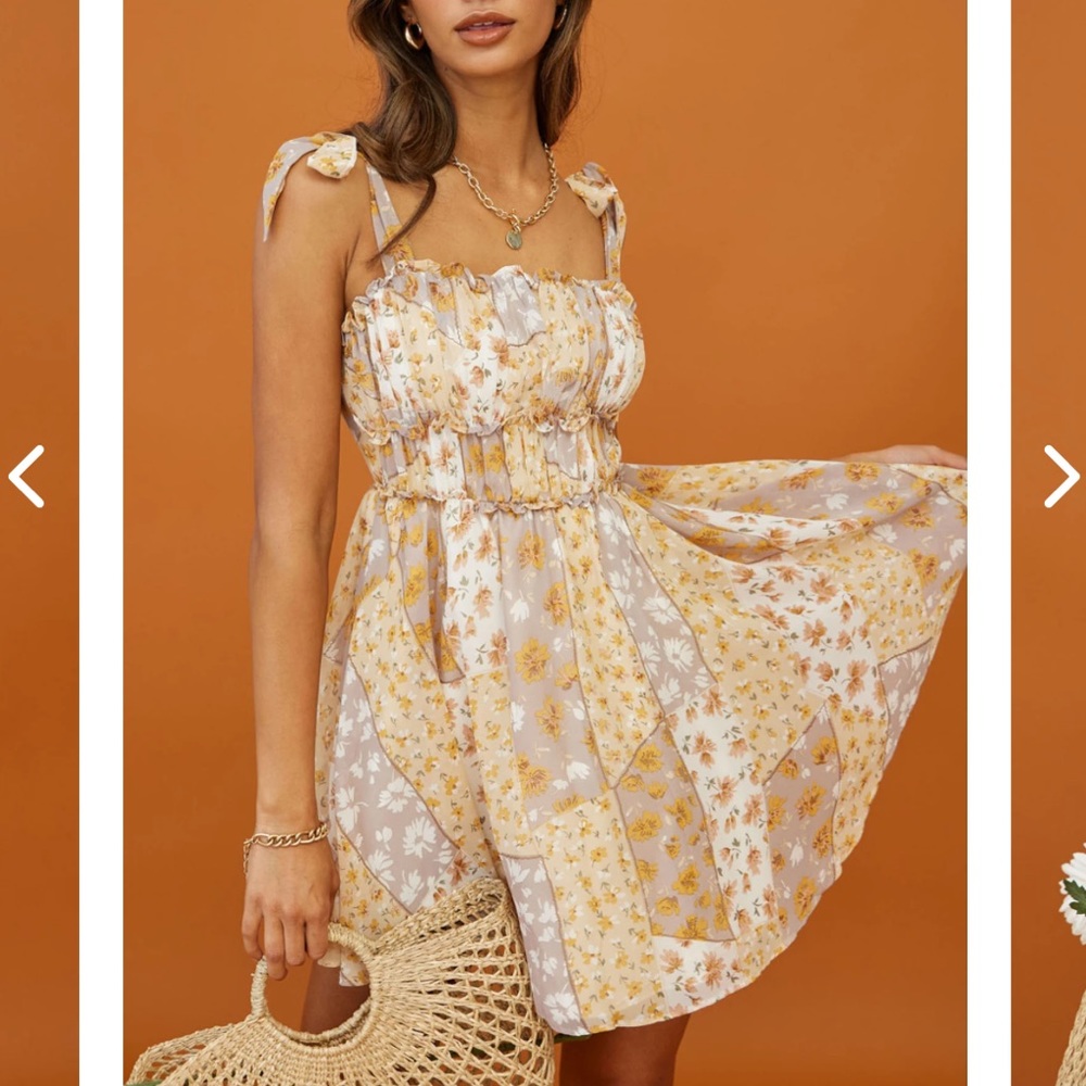 SUNSET BELLINI TIED SHOULDER RUCHED BUST DRESS FLORAL PRINT YELLOW MULTI
